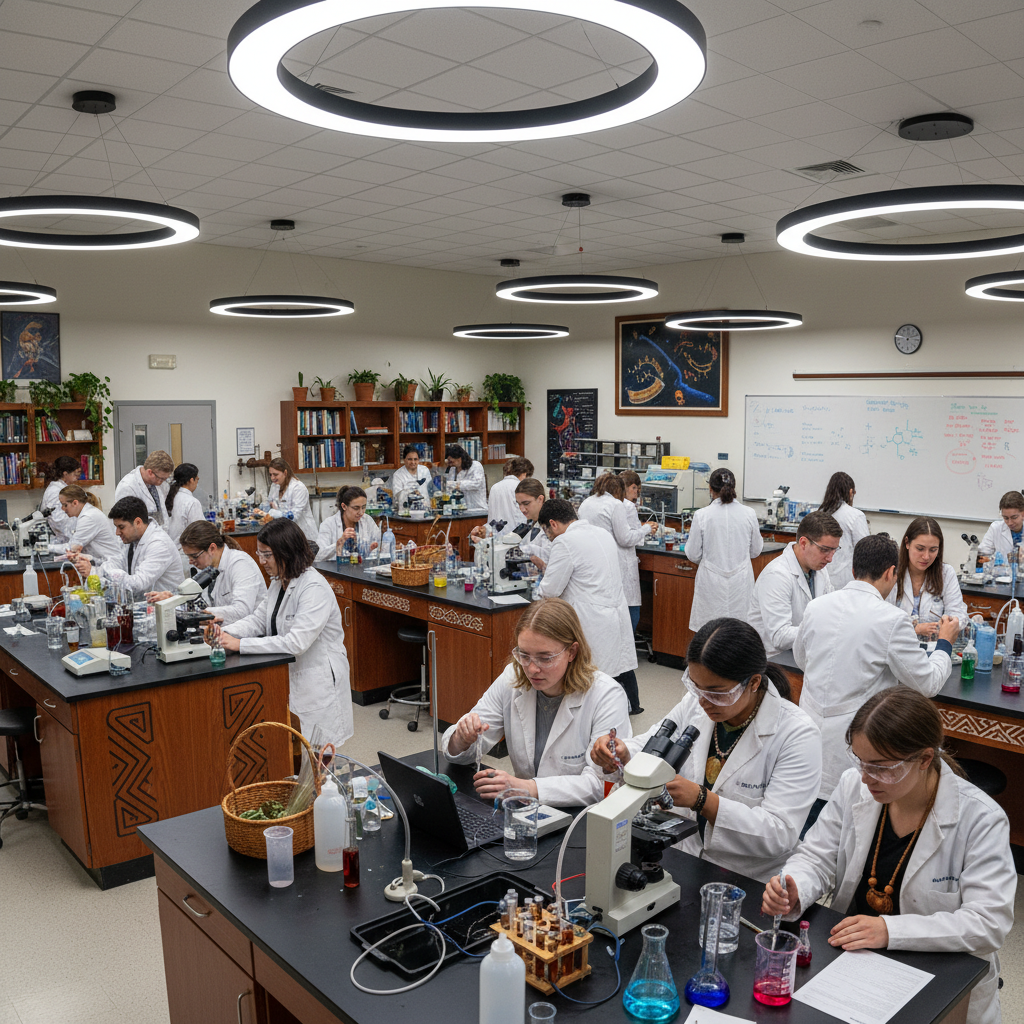 Science laboratory with test tubes, microscope, and colorful chemical experiments