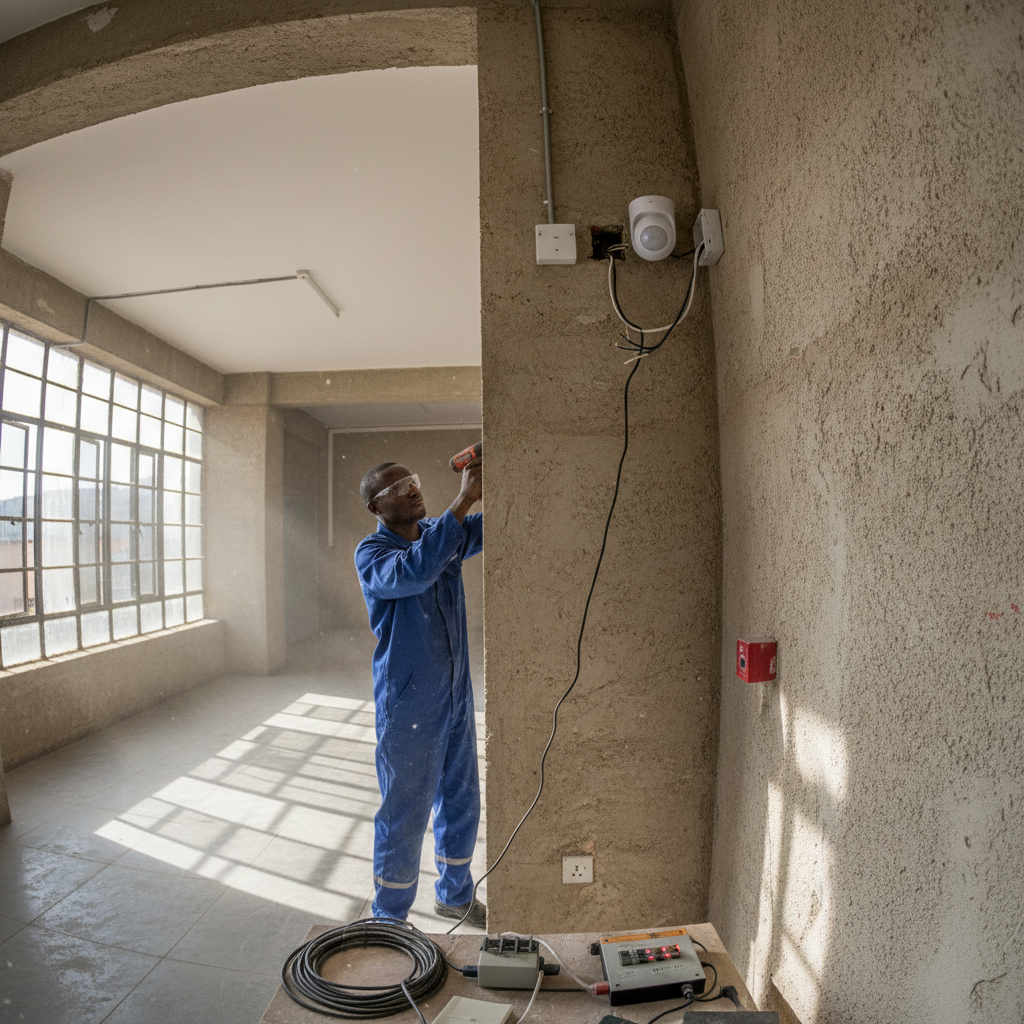 Motion sensor being installed on wall corner, security detection equipment setup in Kenyan building