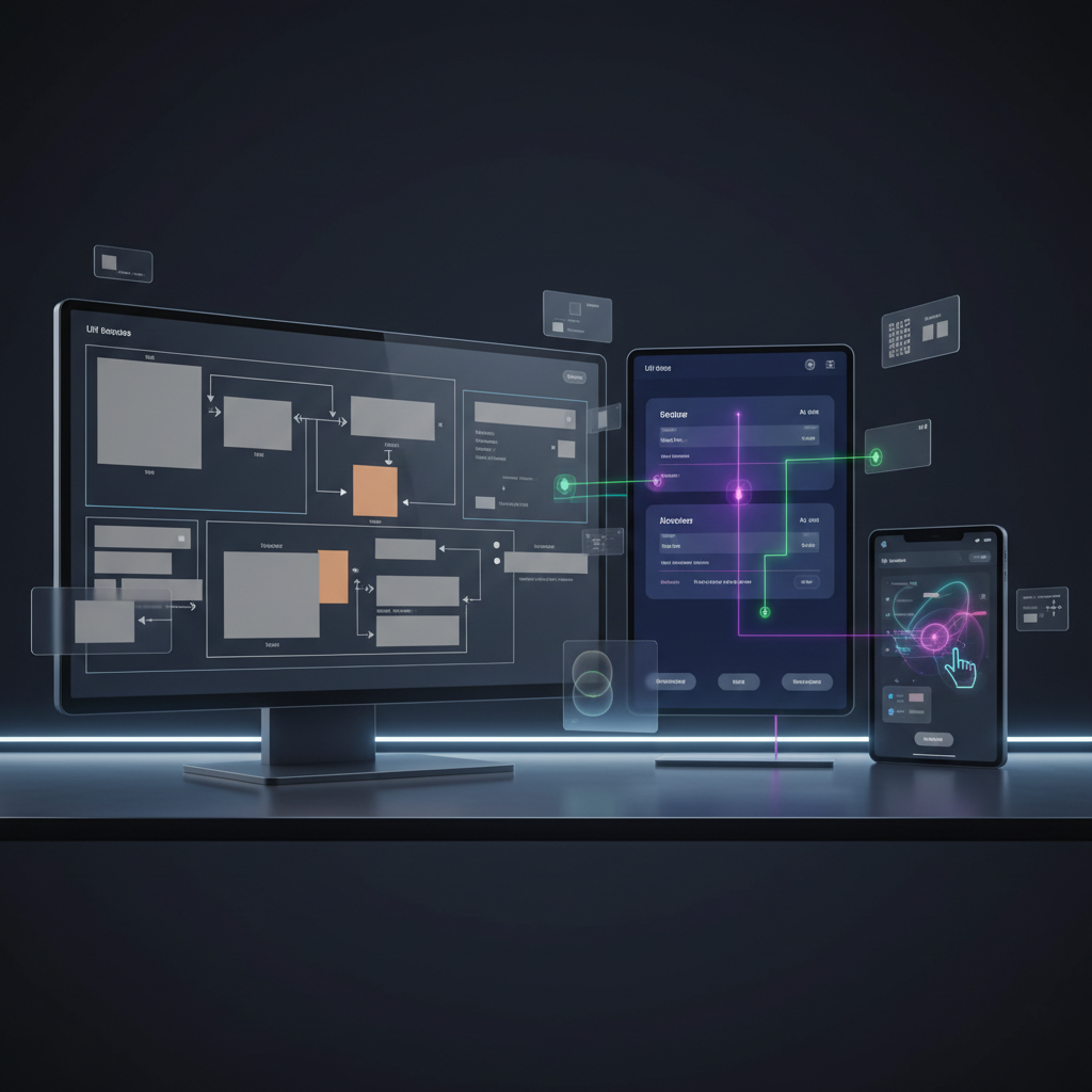 Design mockup screens on dark background, UI components floating, deep navy and charcoal tones, professional design studio atmosphere