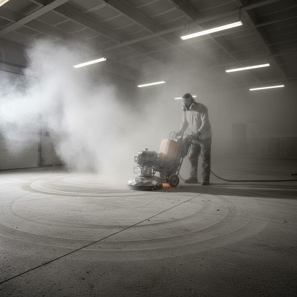 Industrial diamond grinder working on garage concrete floor creating dust cloud