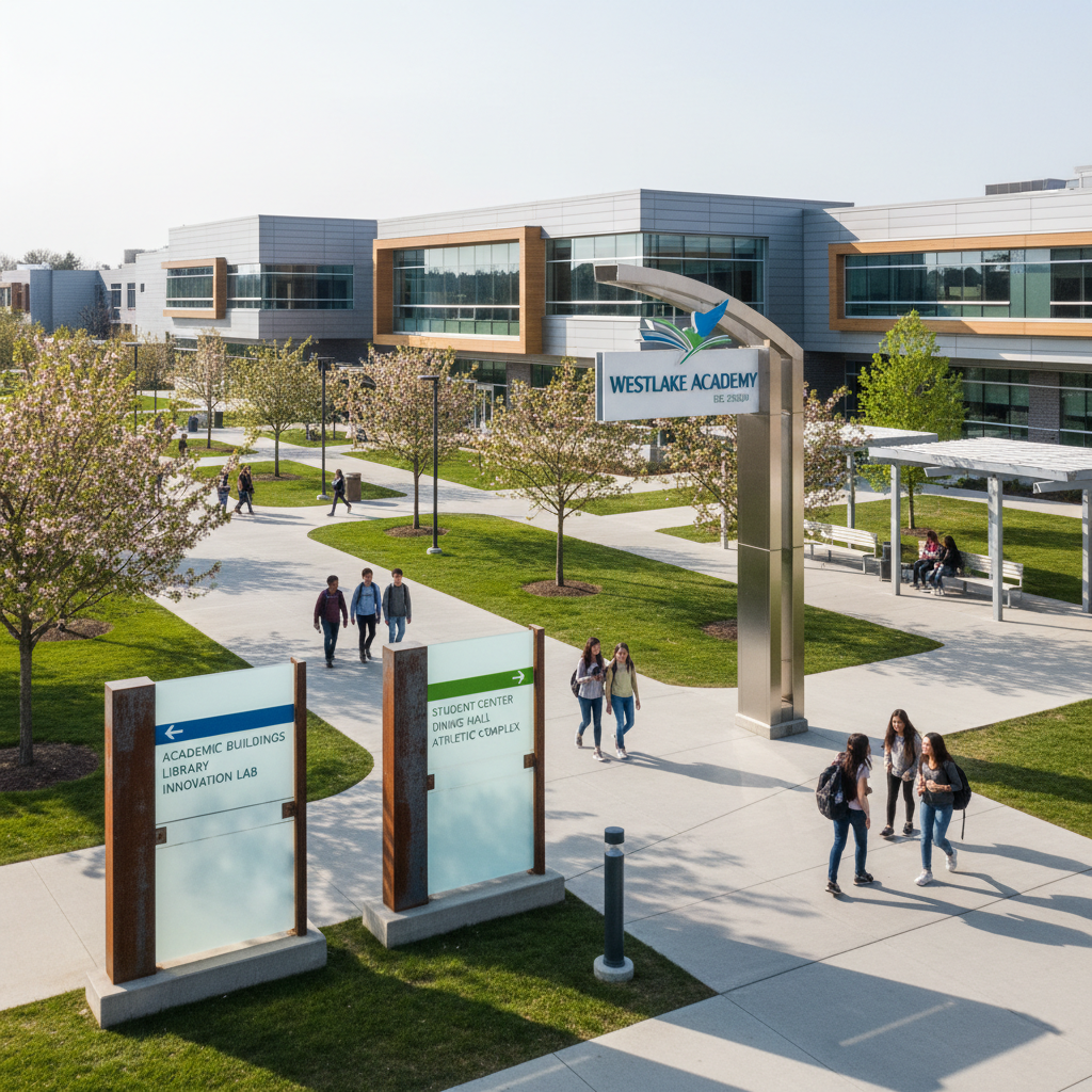 Educational facility exterior, modern school building, open campus setting, bright natural lighting