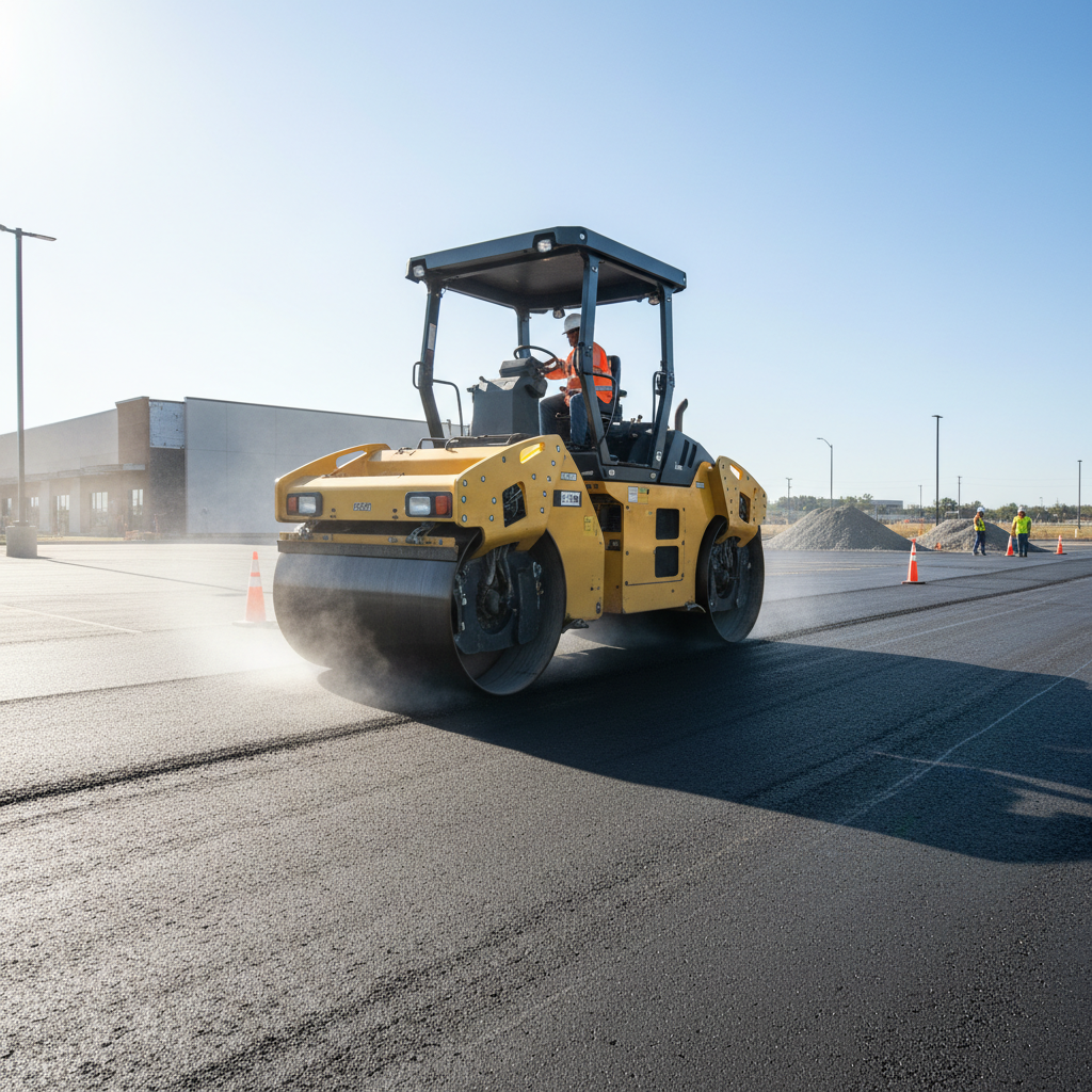 Asphalt roller compacting fresh hot-mix surface in parking lot