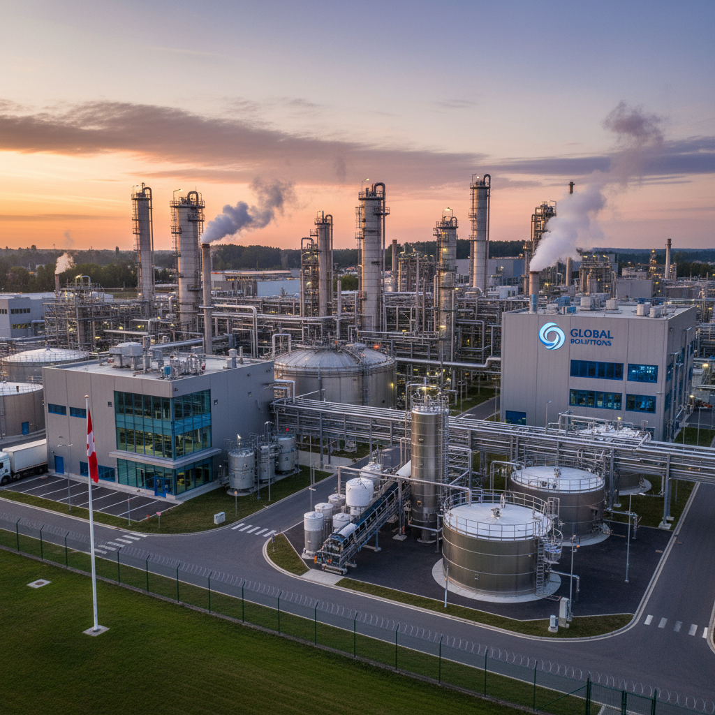 Industrial chemical plant with pipelines at dusk, dark atmospheric, dim industrial lighting