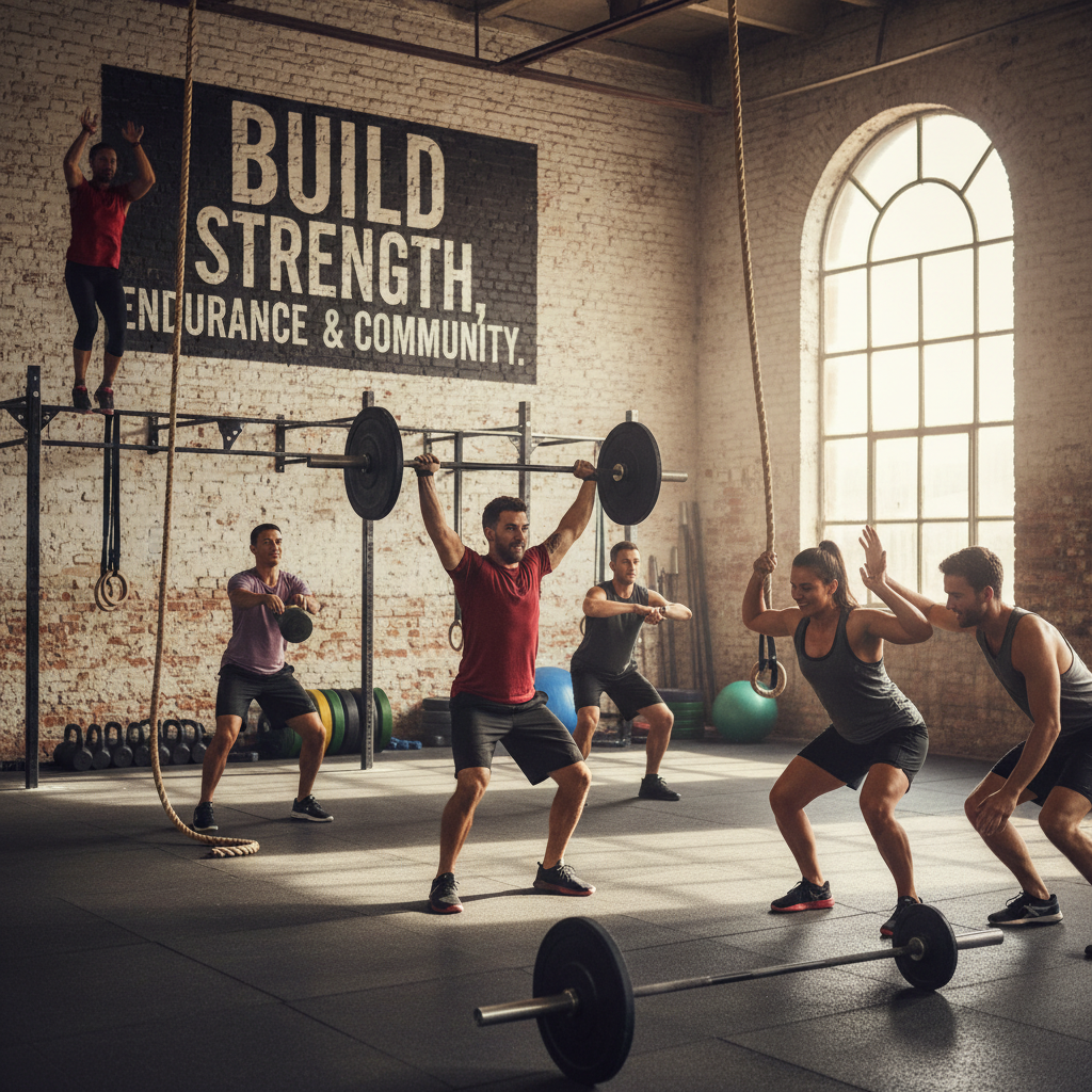 CrossFit Training fitness class at ReeGym, dark gym atmosphere, athletic participants