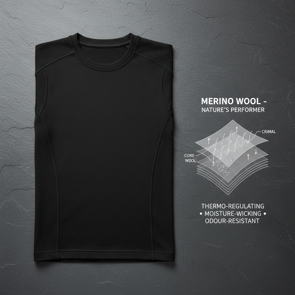Black merino base layer crew neck laid flat on dark surface, fabric texture visible, cross-section diagram exploded beside it