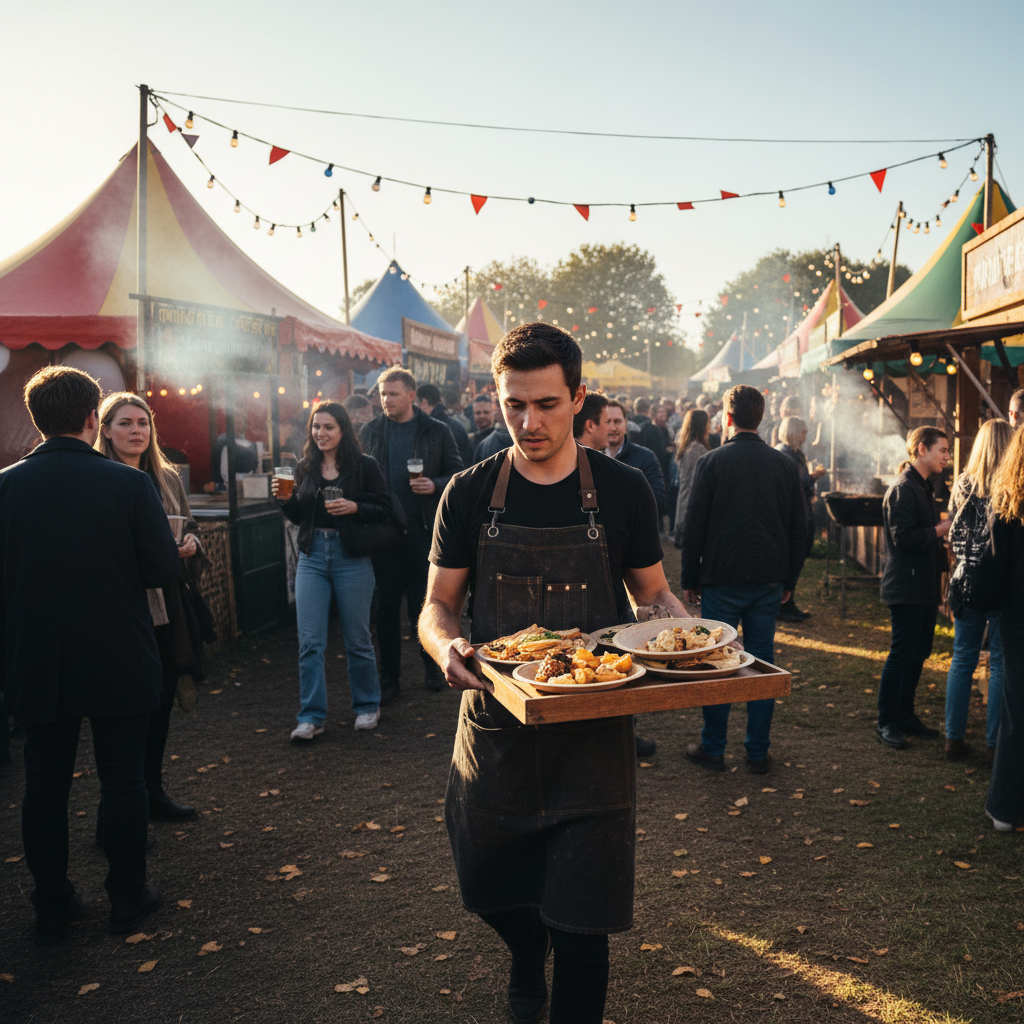 Server in dark apron carrying tray at outdoor festival pop-up venue