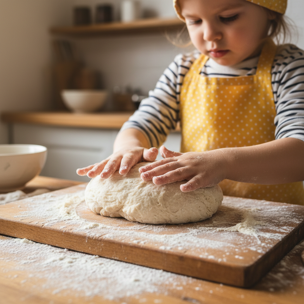 Child in yellow apron using both hands to knead soft bread dough on a floured wooden board