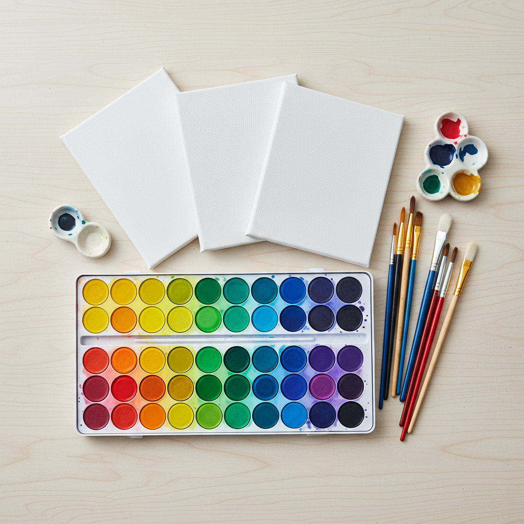 Professional watercolor paint set for kids with brushes and palette