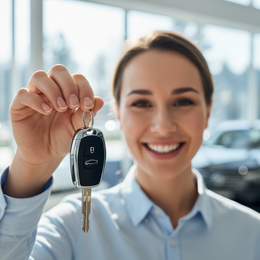 Young person signing car purchase documents at dealership desk, smiling, bright office