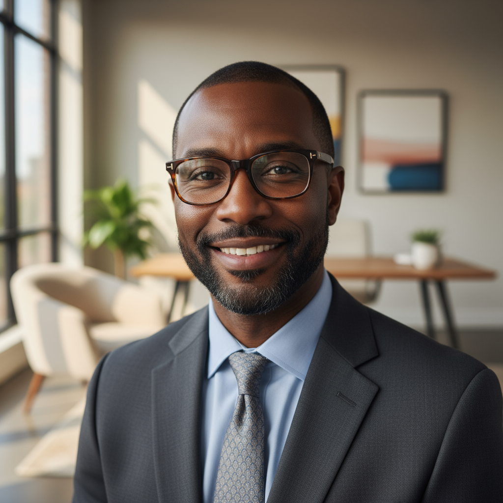 Professional headshot of male therapist with warm expression in a calm office environment with natural light