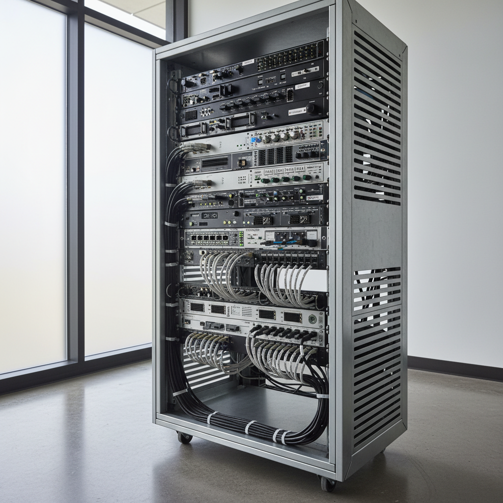 Clean AV equipment rack with organized cable management, labeled connections, and ventilated cabinet enclosure