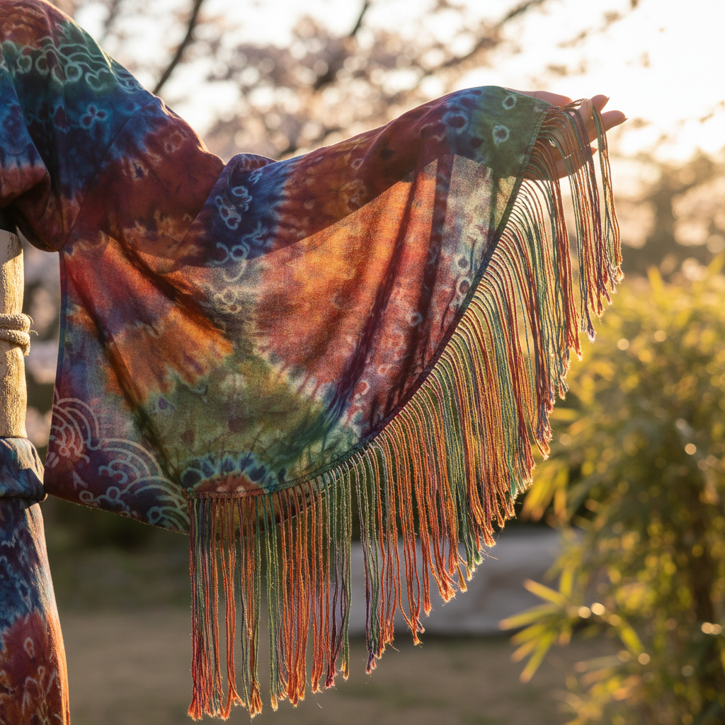 Fringe catching light on a hand-dyed kimono sleeve