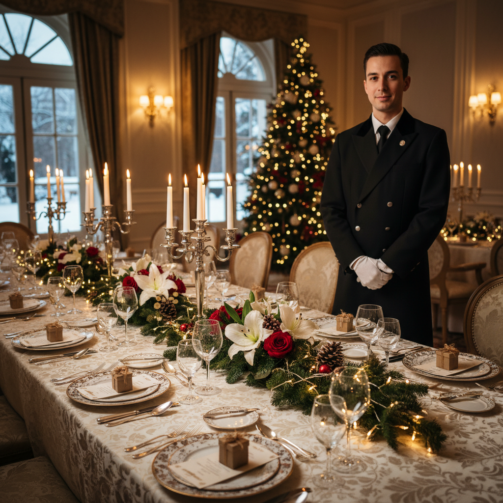 Waiter in formal black service jacket at an elegant holiday banquet table setting