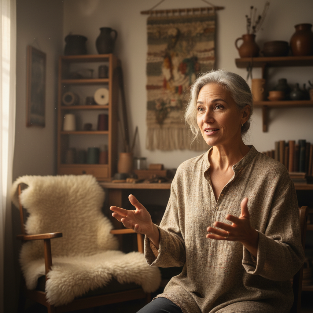 Engaging storyteller captivating a small audience with animated gestures, warm intimate setting, attentive listeners