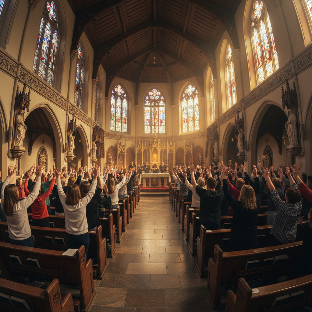 Congregation with hands raised in worship, dimly lit hall with spotlights creating warm atmosphere