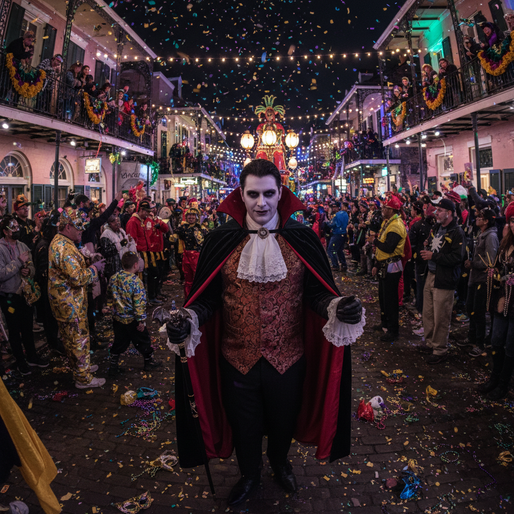Guest in vampire costume at Mardi Gras street