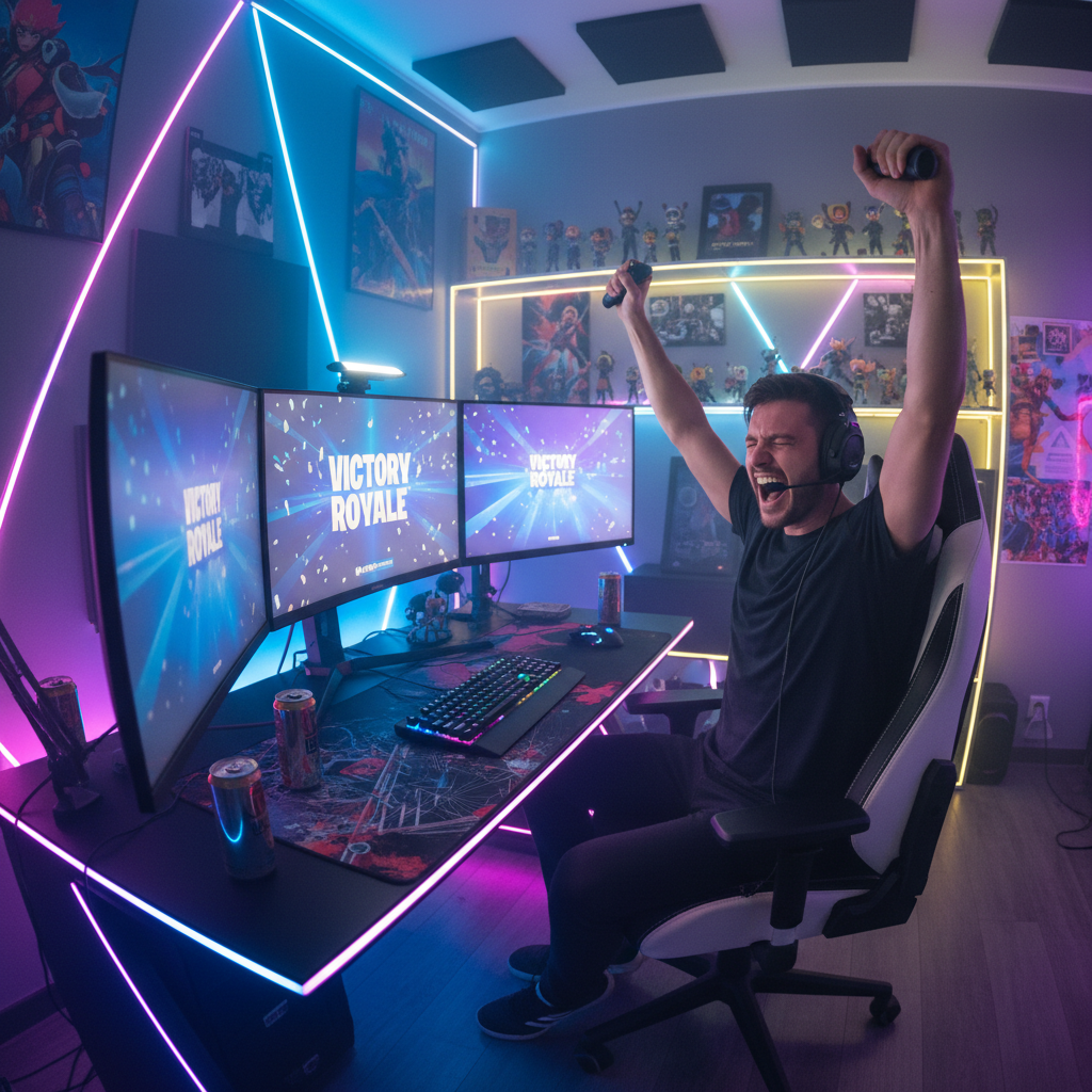 Victory screen gaming moment with purple and blue neon glow, triumphant esports atmosphere