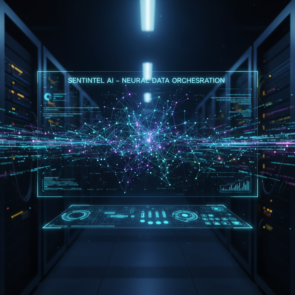 Futuristic dark interface with AI neural network visualization and blue data streams