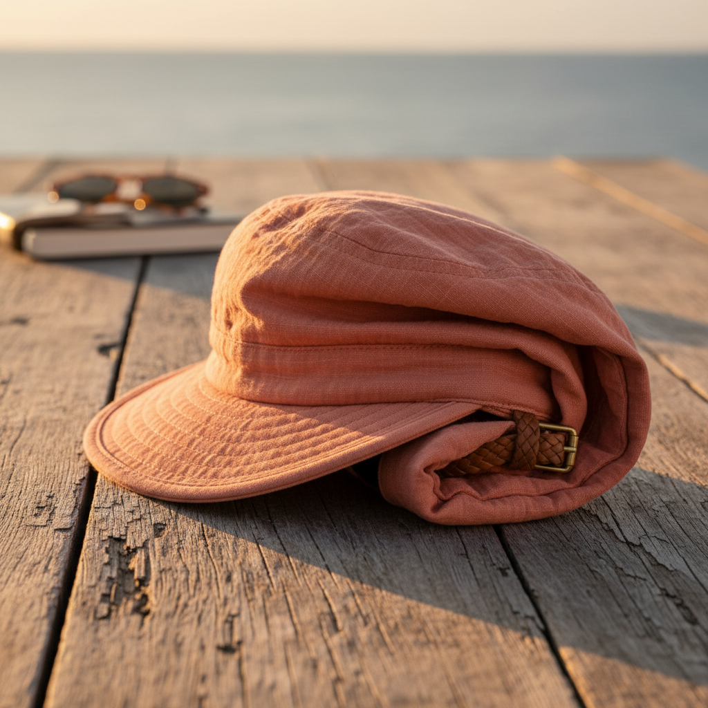 Packable weekend hat in coral sand color at farmers market, warm golden hour light