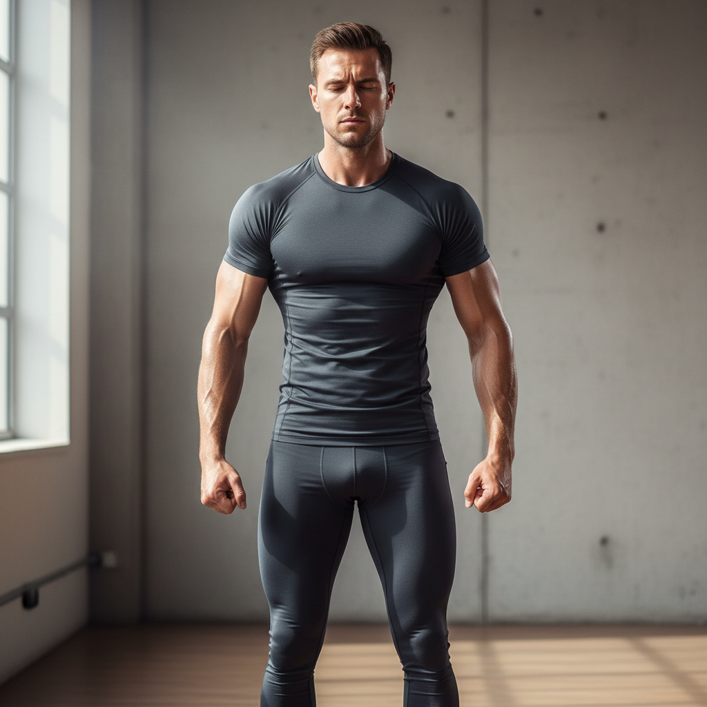 Athlete meditating in dark gym, calm focused expression, deep shadows, low-key lighting