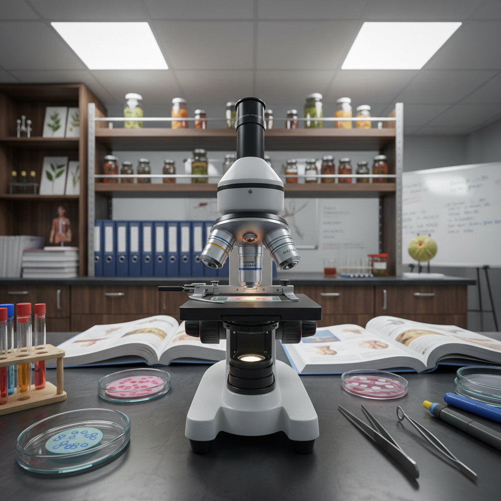 Biology laboratory with microscopes, specimen jars, biological charts, and lab equipment in a well-lit academic setting