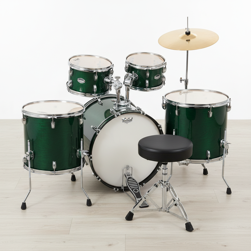 Complete junior drum kit set in forest green with cymbal and stool