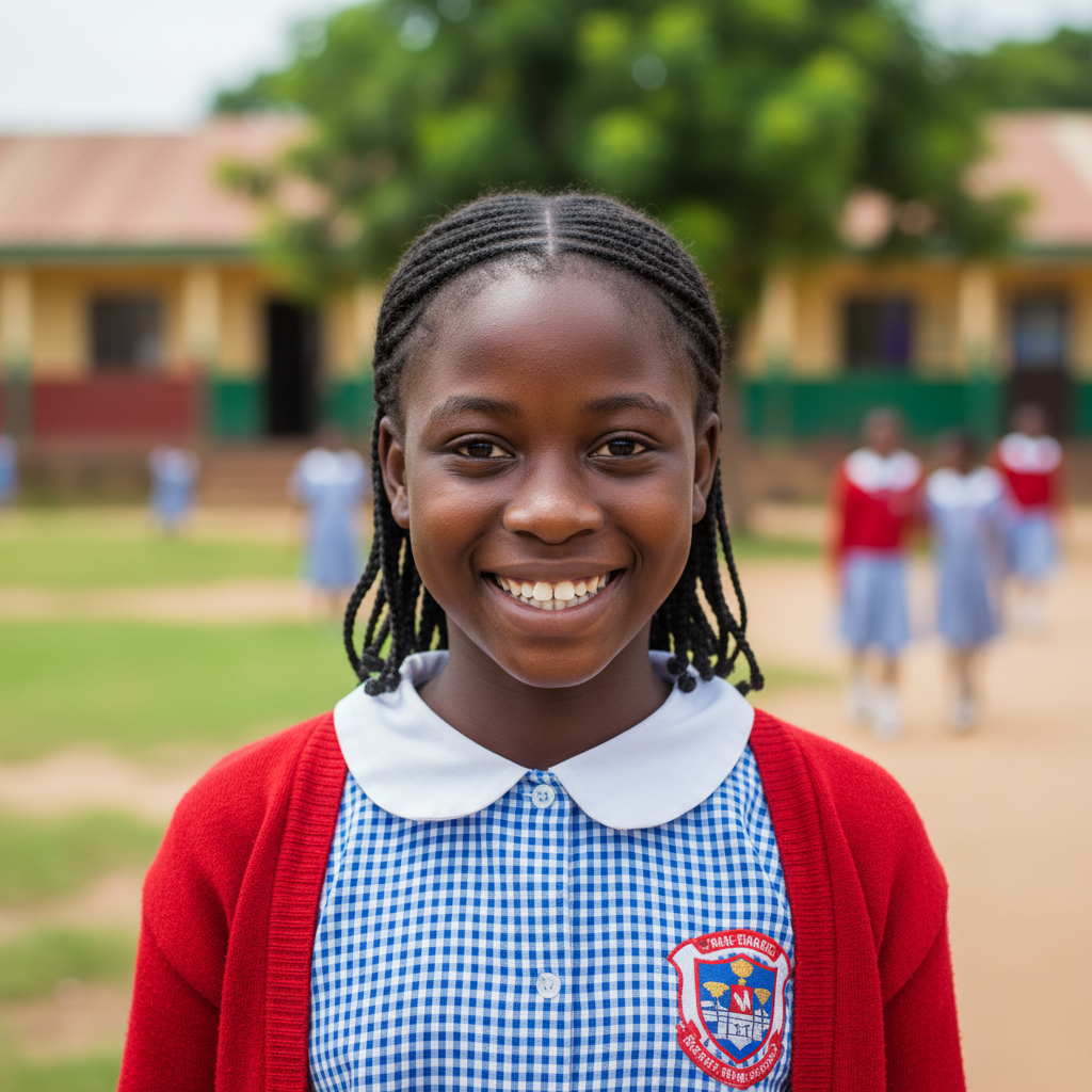Young Nigerian girl Amara smiling confidently in school uniform, representing JJHF Girl Child Rights program success