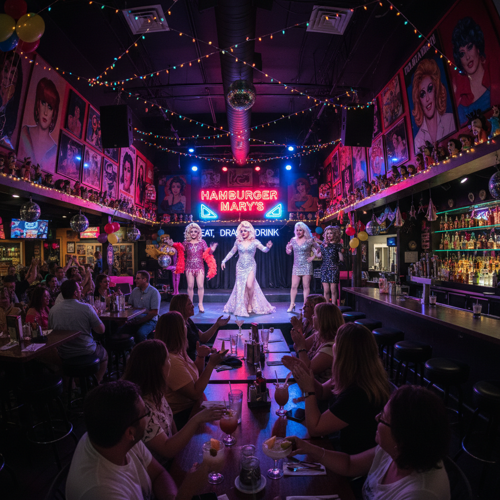 Hamburger Mary's restaurant and bar in Fort Lauderdale with drag show entertainment and colorful decor