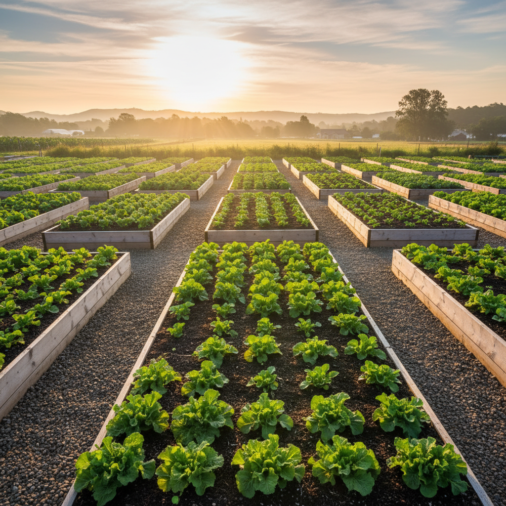 Bright sunlit organic farm garden with raised beds and lush green plants in Vermont summer