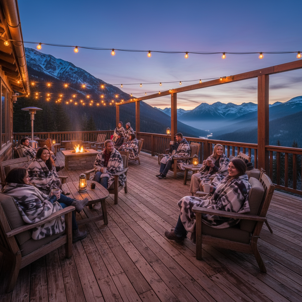 Large mountain lodge with wraparound deck surrounded by pine trees and Sierra Nevada mountains