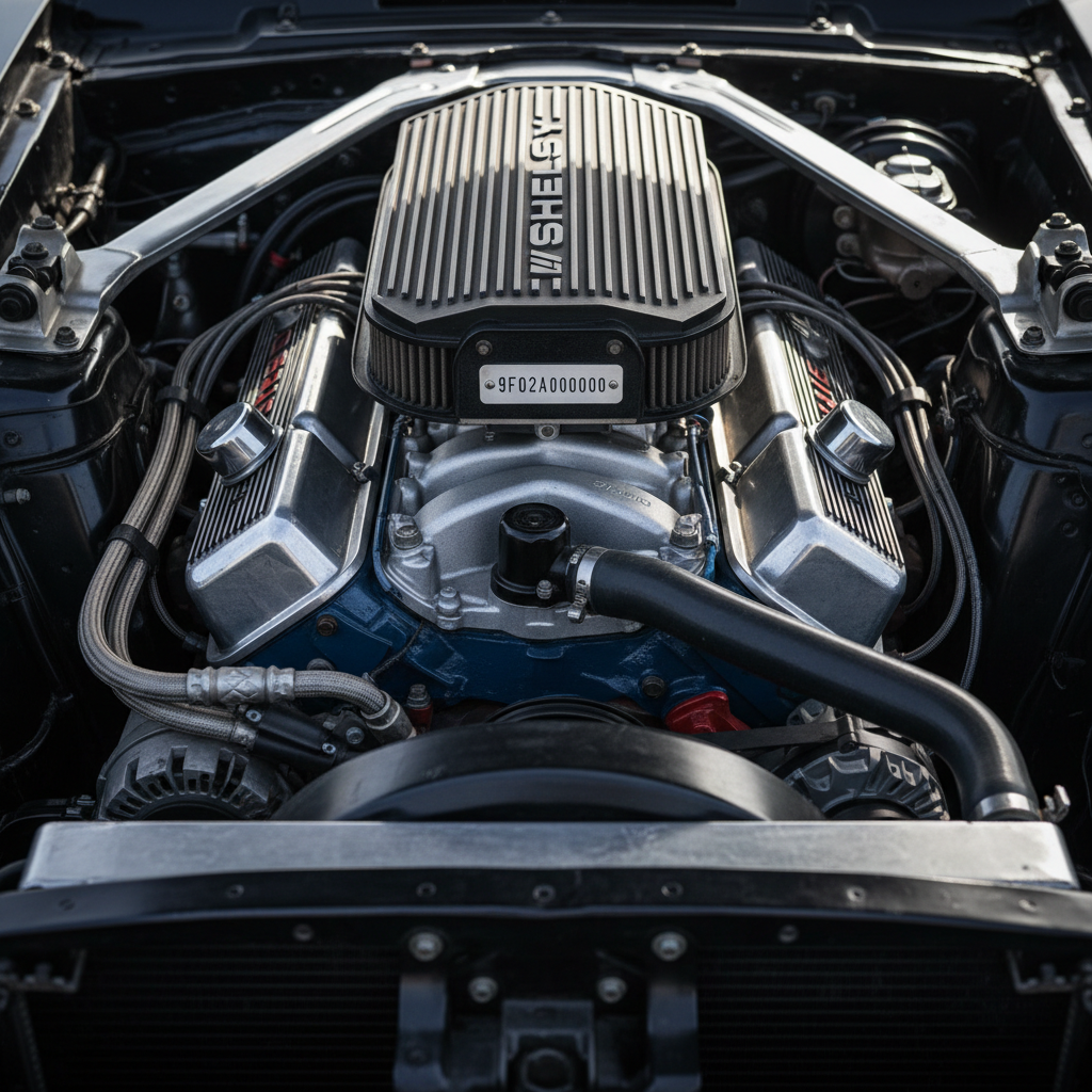 Close-up of original Shelby GT500 engine bay with matching numbers tag