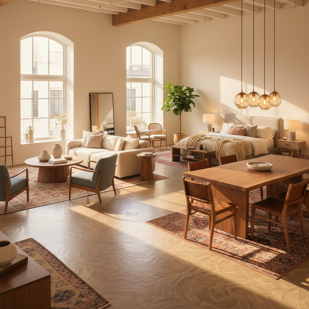 Bright spacious furniture showroom with warm natural lighting, wooden floors, and curated furniture displays