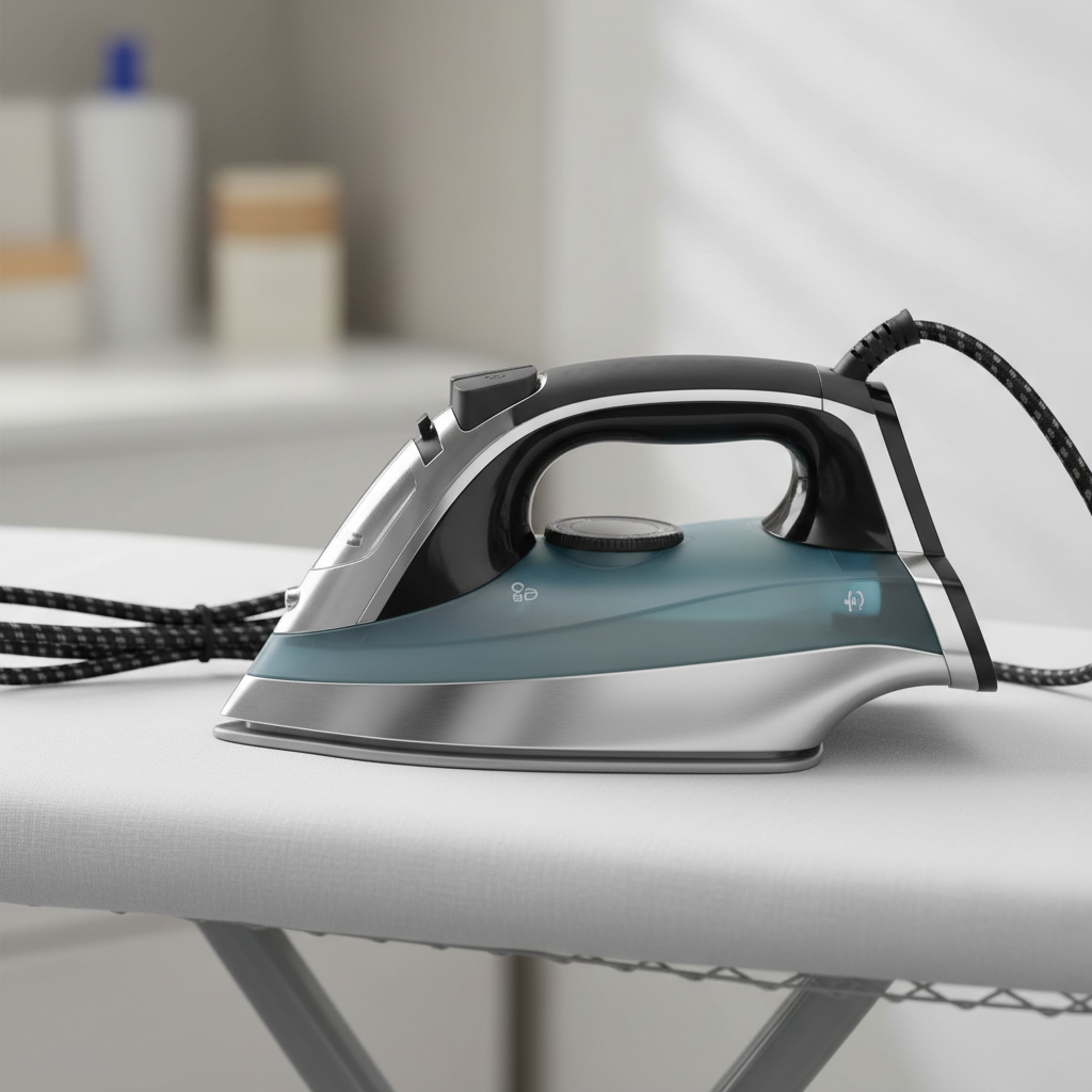Purple and white electric steam iron on a bright white ironing board, clean product shot