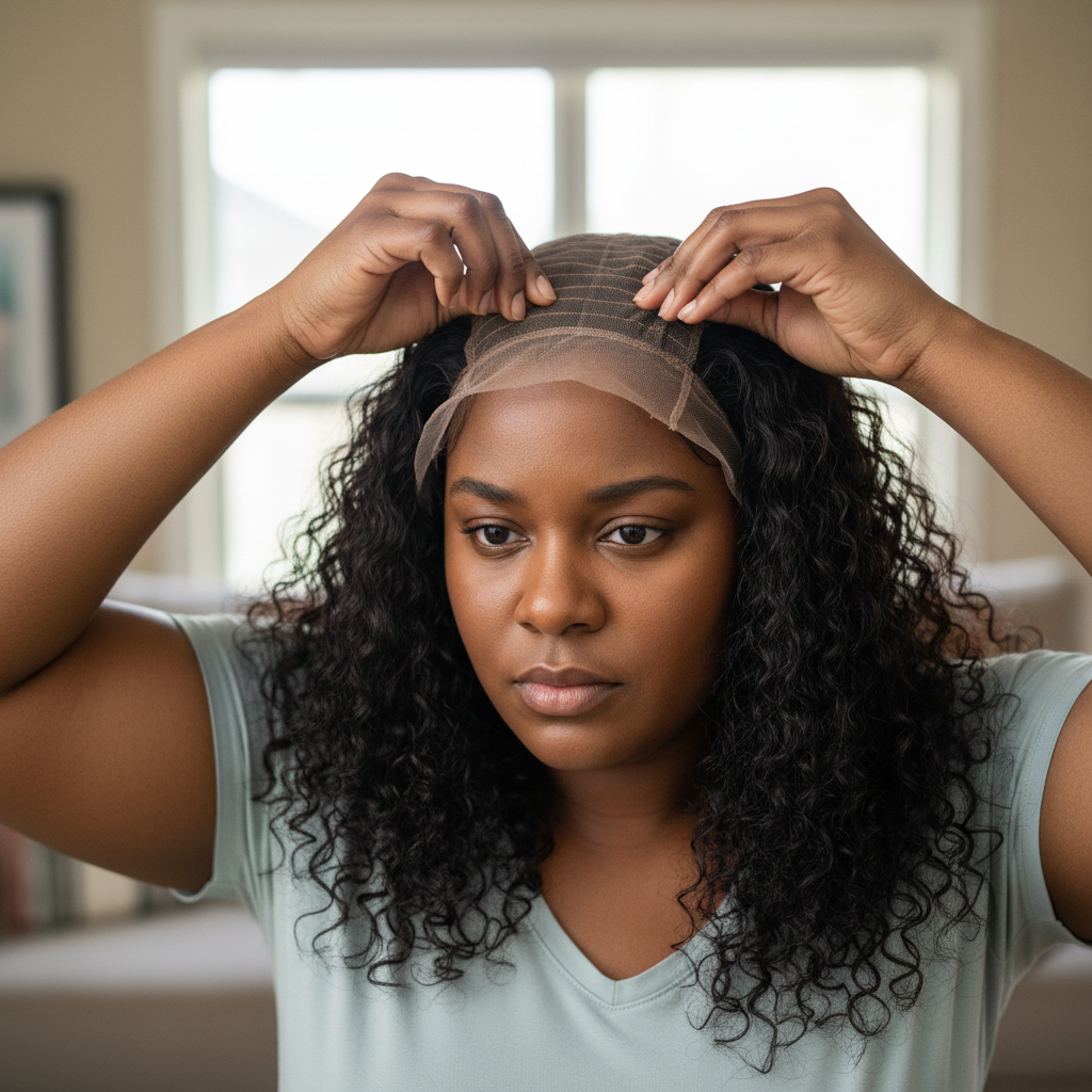 Custom handmade wig on Black woman, dark background, dramatic studio lighting, deep atmospheric shadows