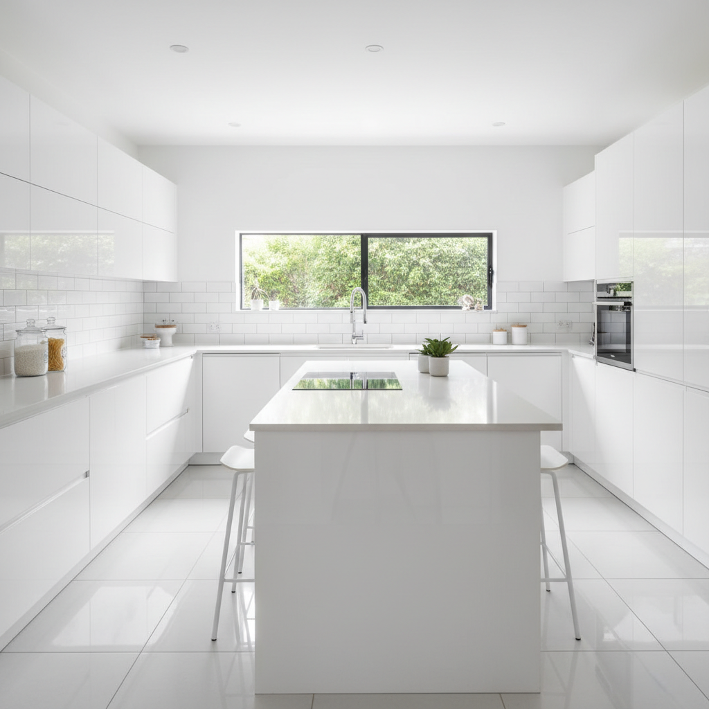 Pristine white kitchen in a Central Hong Kong apartment after professional cleaning