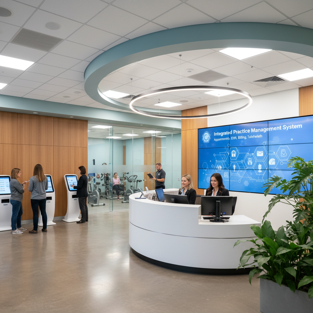 Modern medical clinic reception area with digital patient management system displays