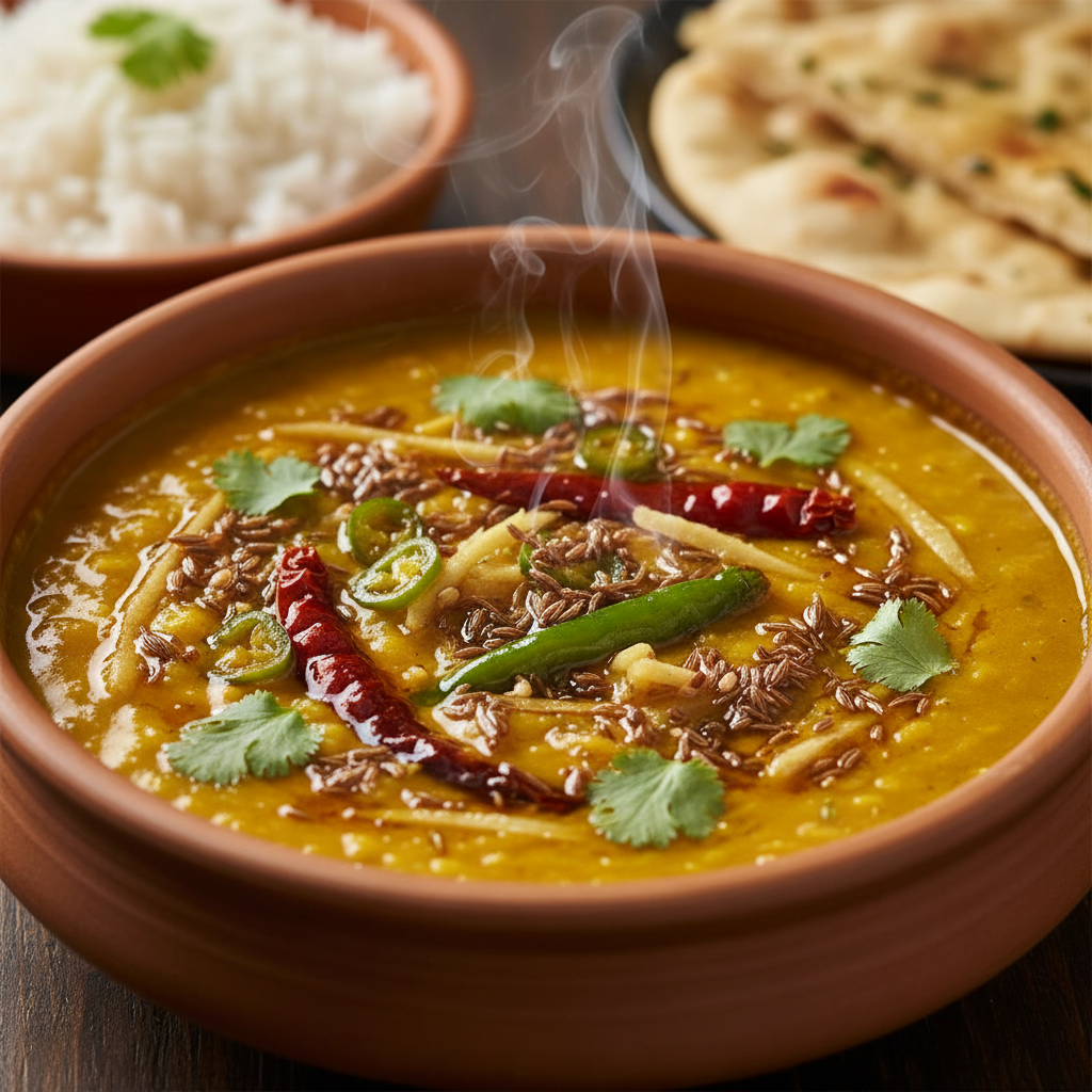 Dal Tadka, vegetarian Indian dish, warm food photography