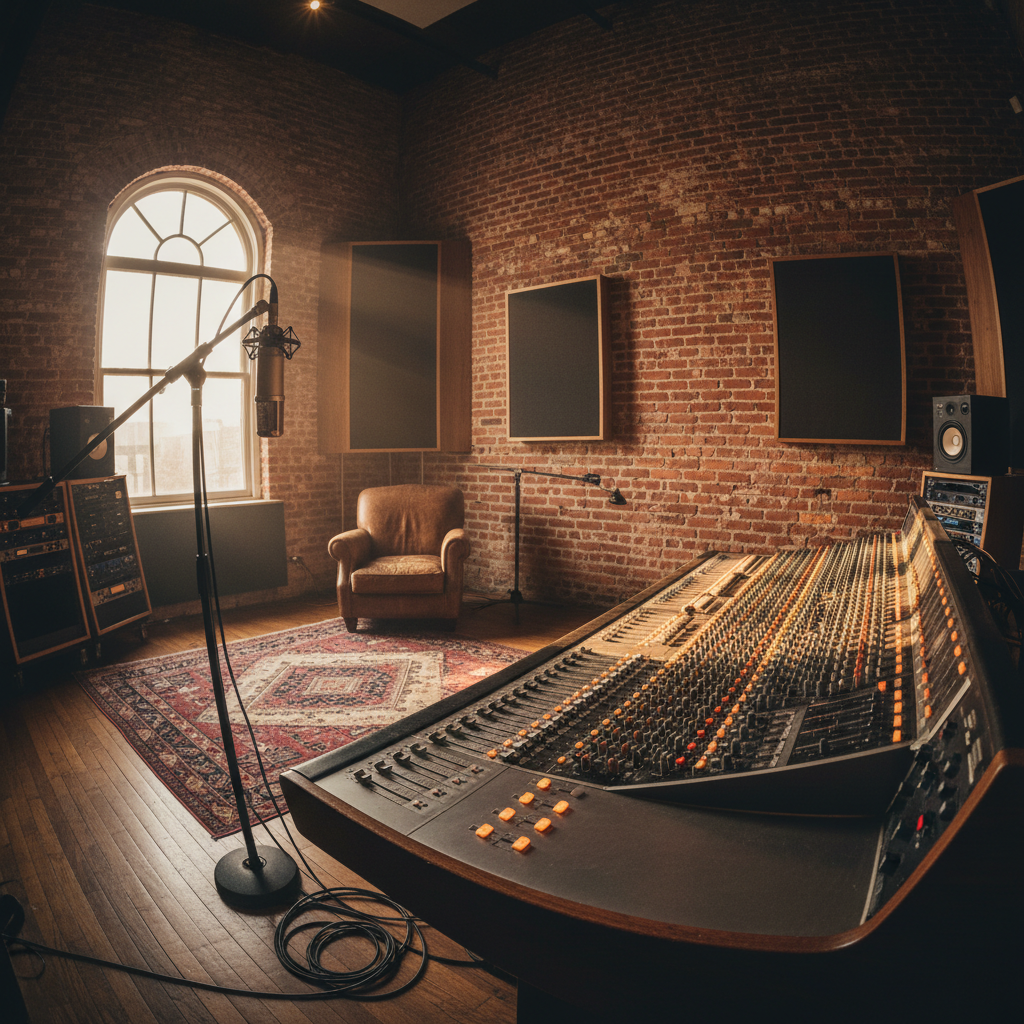 Studio recording session with warm amber lighting, musicians in shadows, professional microphones visible