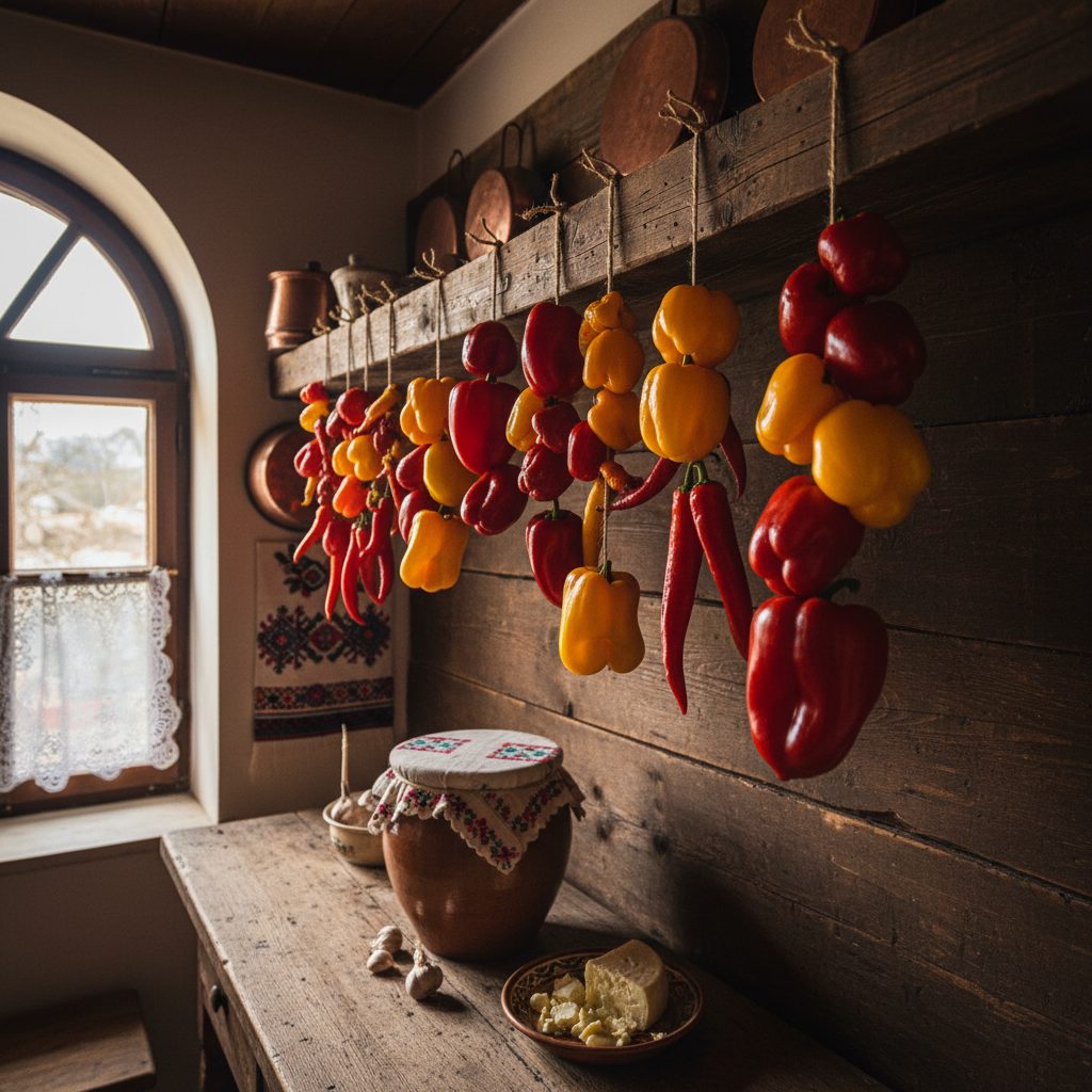 Red and yellow peppers hanging on string to dry in Transylvanian kitchen