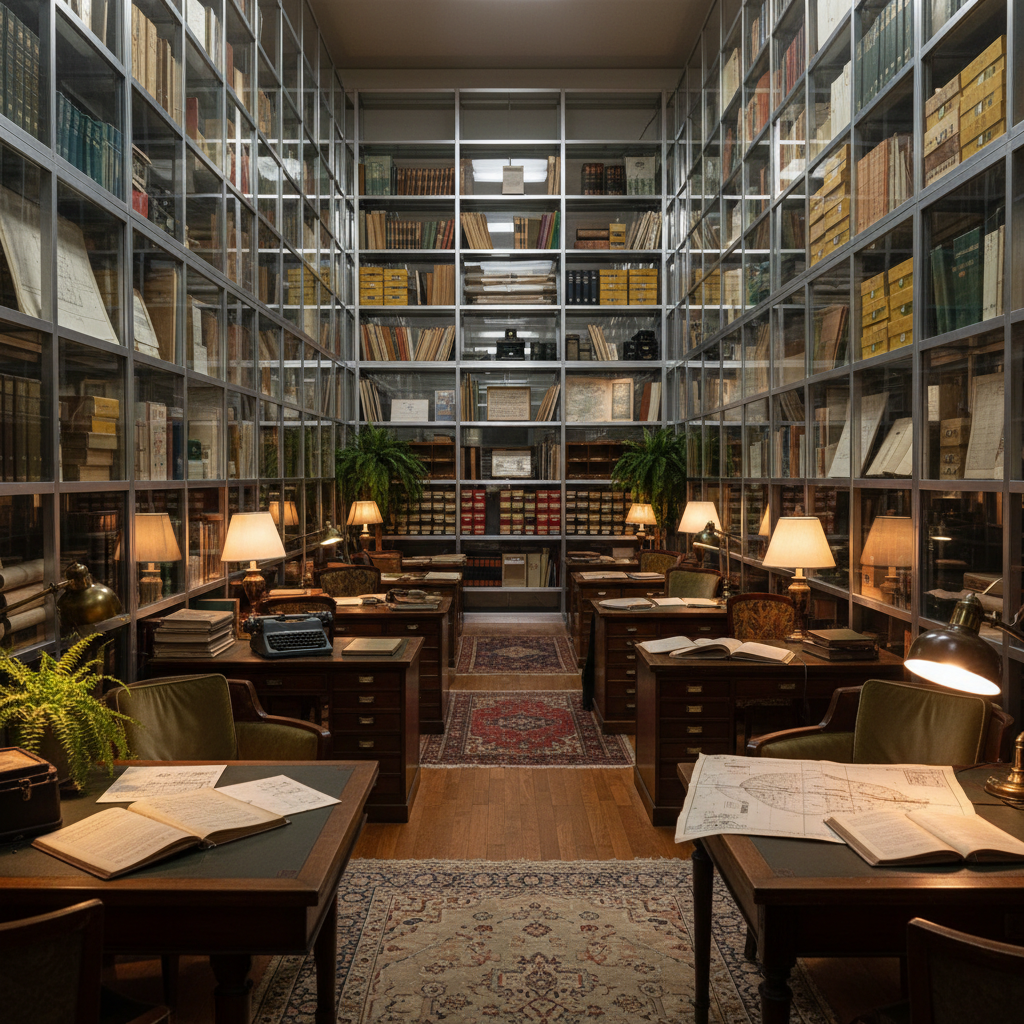 Film set depicting a 1970s research archive with floor-to-ceiling glass shelves, warm practical lighting, and period-accurate props