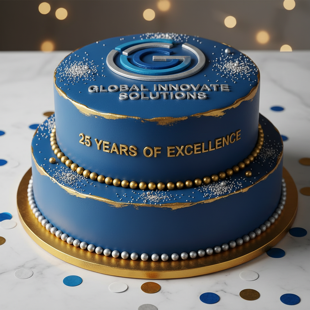 Silver anniversary cake with metallic fondant and elegant monogram topper for 25 years