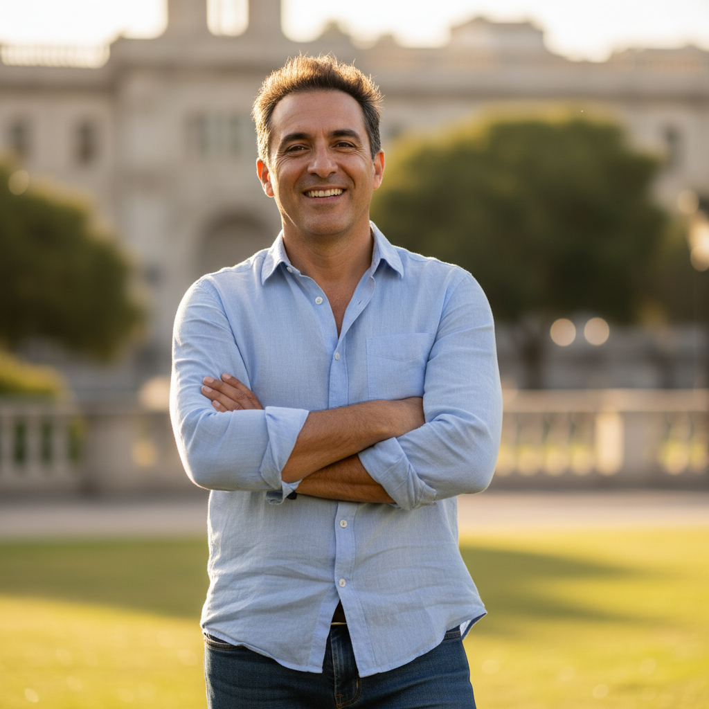Professional Hispanic man in his 40s wearing a button-up shirt, confident smile, office background