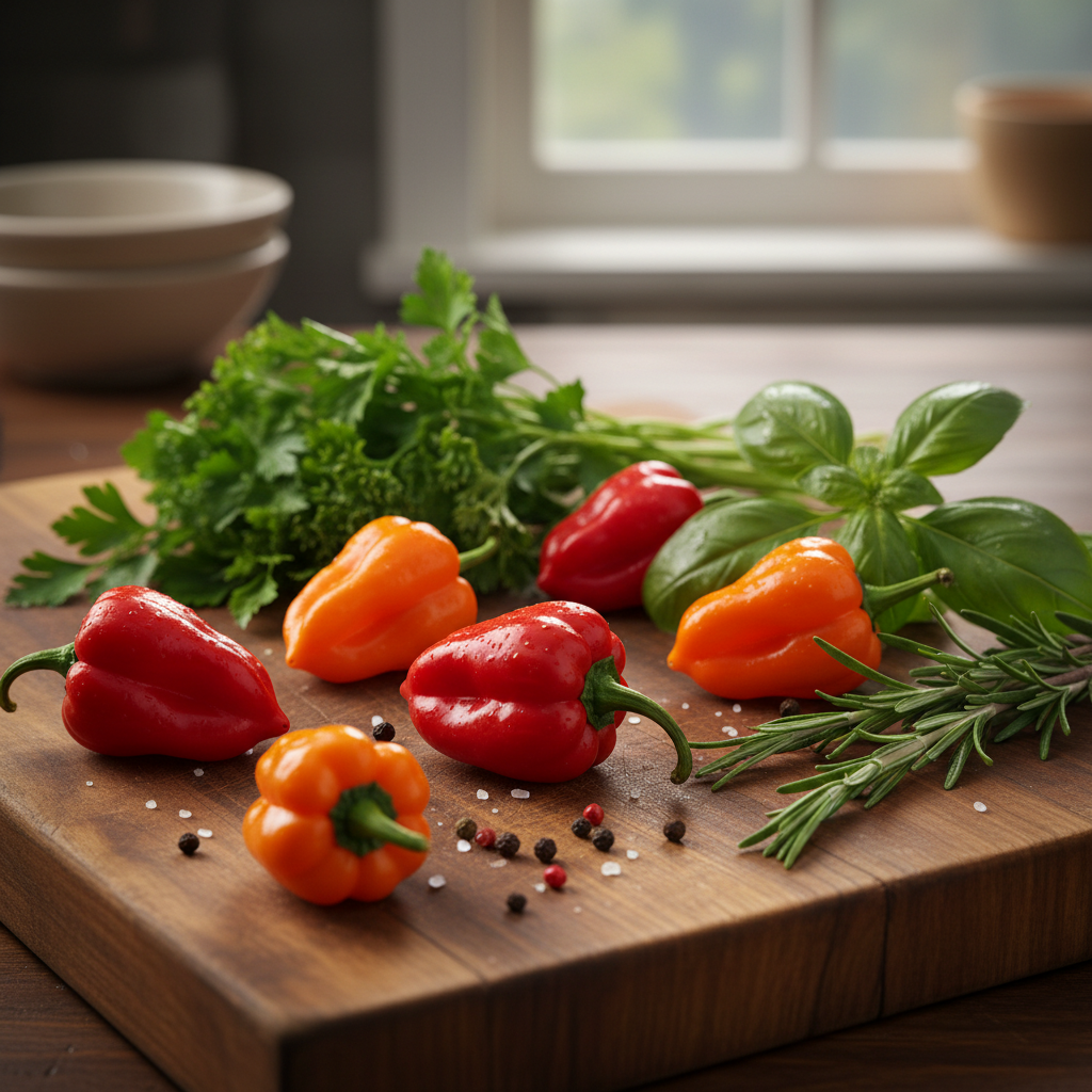 Whole scotch bonnet peppers and fresh herbs on a cutting board