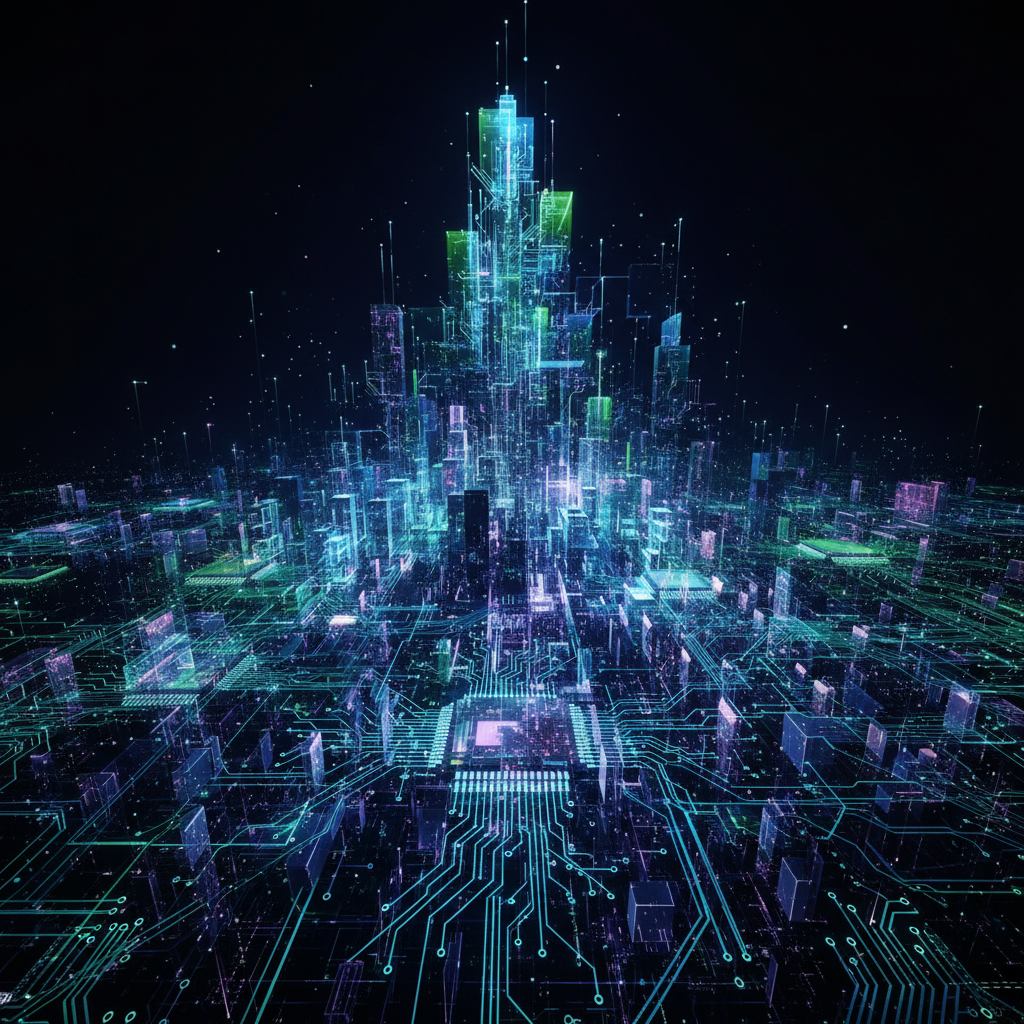 Abstract digital technology background with glowing purple and blue circuit patterns