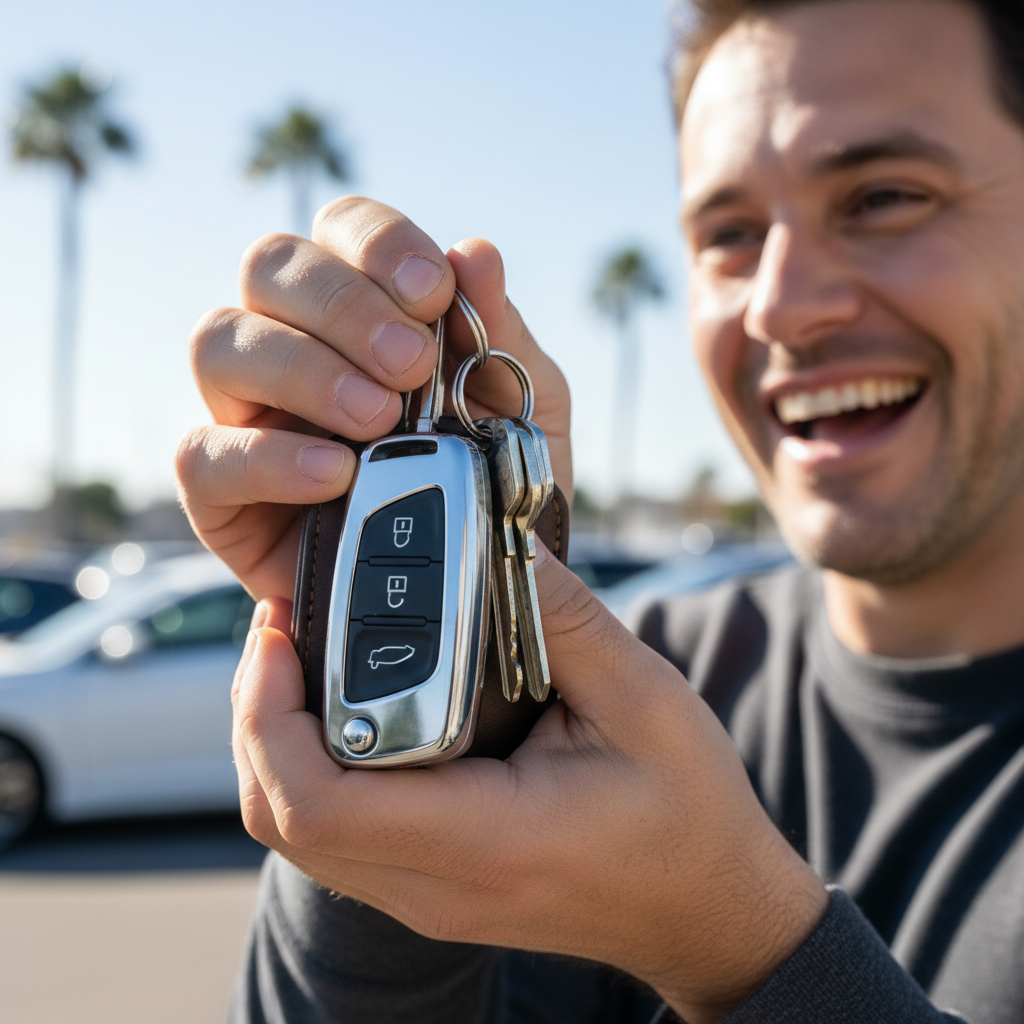 Car keys being handed over during vehicle sale transaction, outdoor parking lot