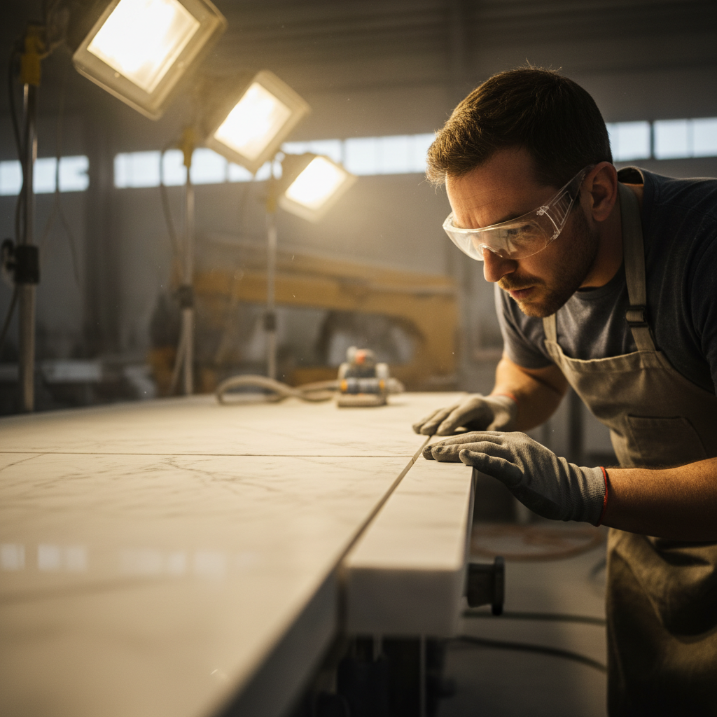 Fabricator examining freshly cut marble slab edge under halogen work light in stone fabrication shop, checking for precision