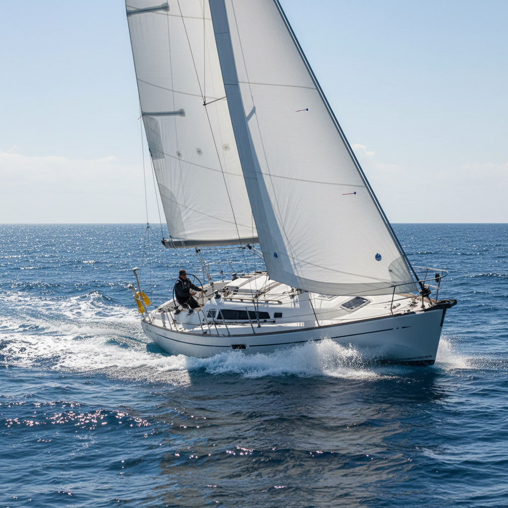 Hunter 41 DS sailboat sold at Helm auction, heeling under sail in blue water