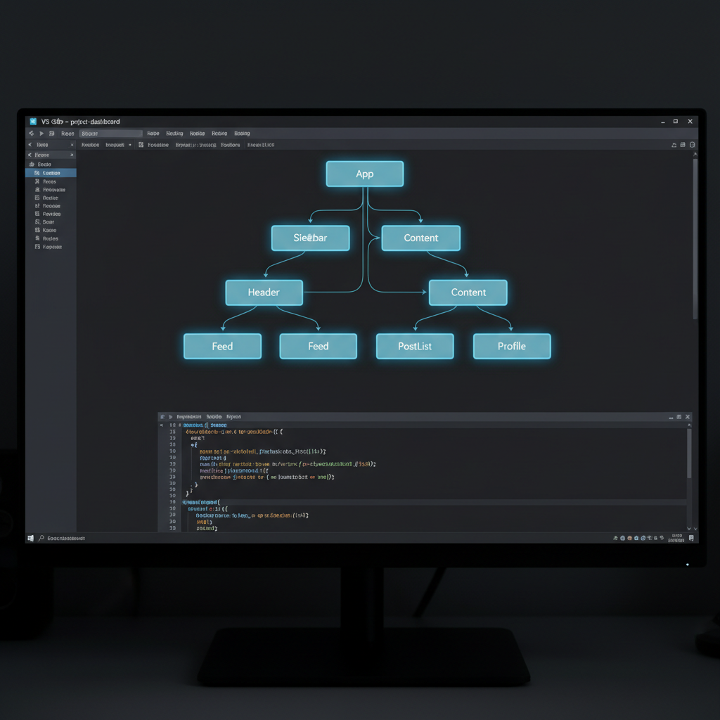 Dark Next.js code editor with violet component tree visualization