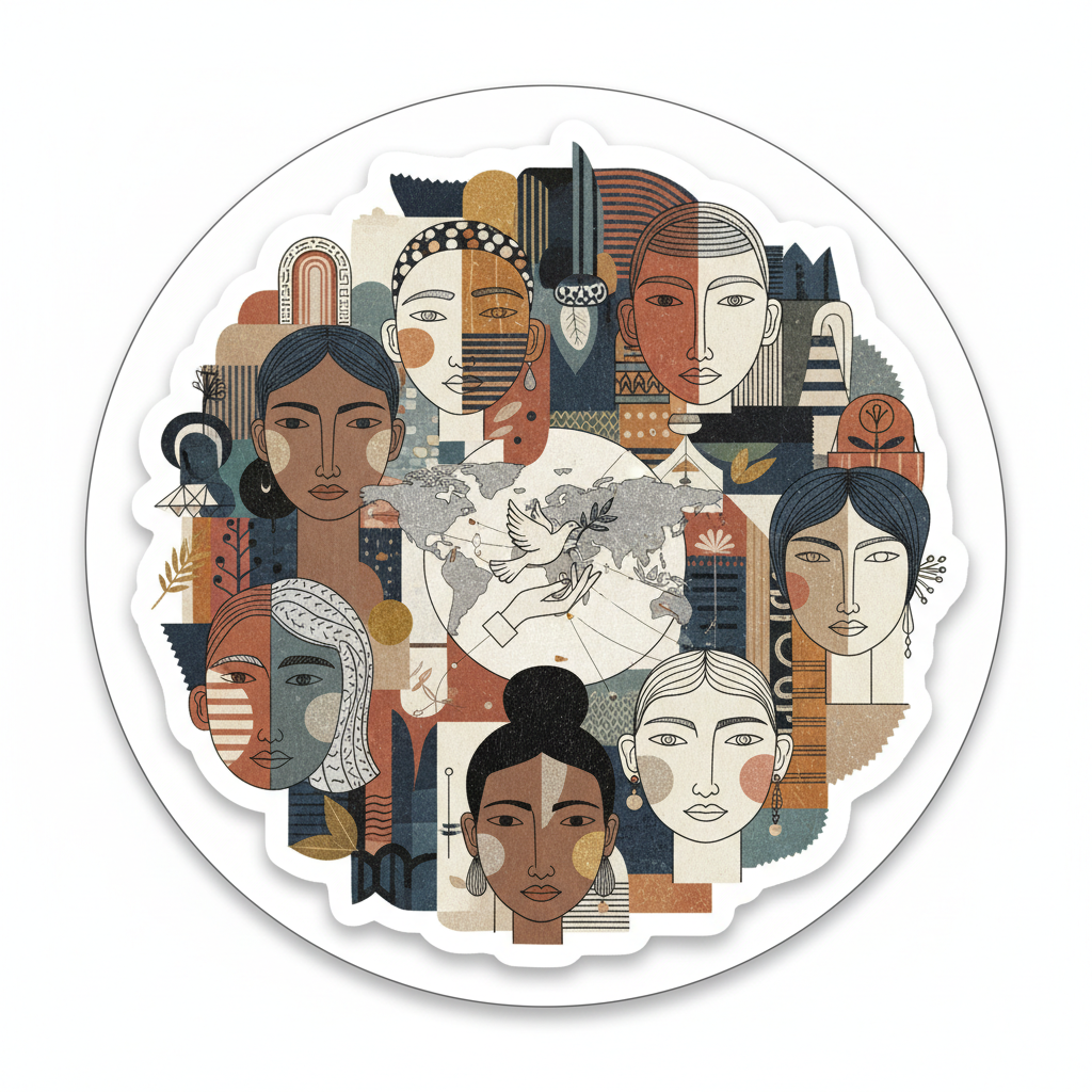 Mixed media artwork with earth tones and vibrant accents representing cultural roots and identity