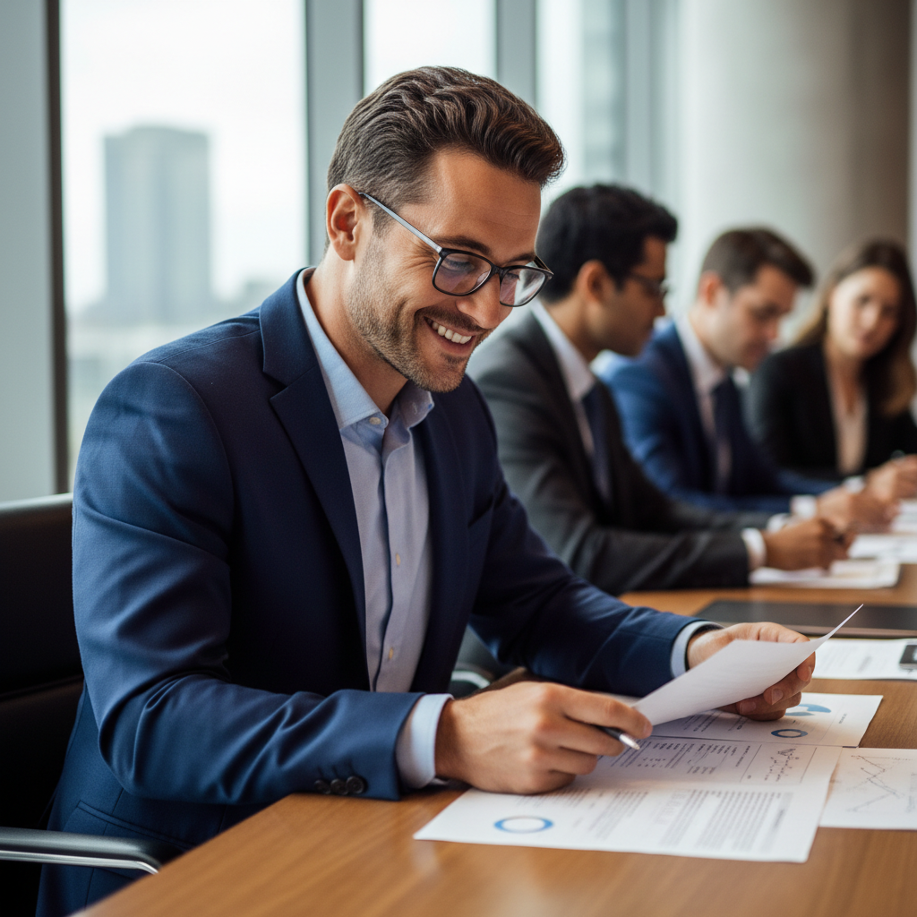 Man in glasses reviewing documents at a conference table with a warm smile